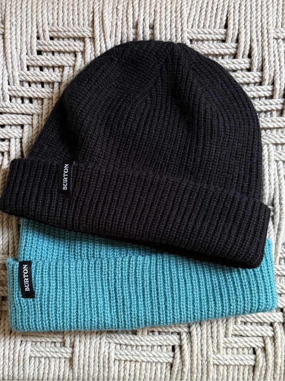 Burton Ribbed Knit Beanie Hat Bundle Black Teal Cuffed Stretch Winter Caps